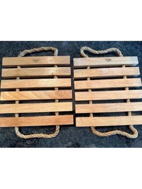 Vintage Dansk Solid Teak‎ Wood Slat Trivets w/ Rope Handles Set of 2 Durable